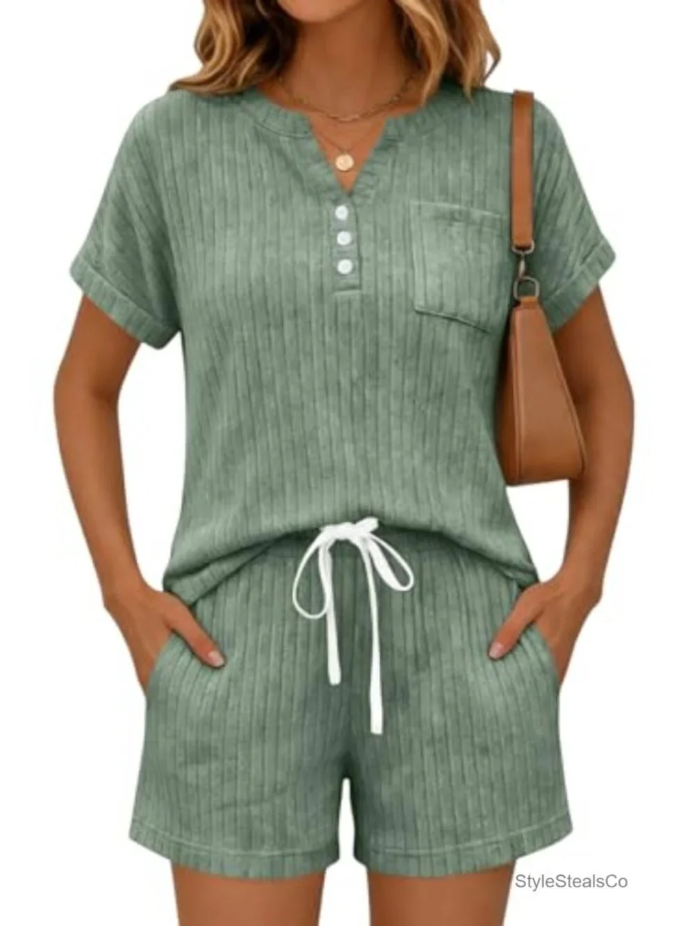 2 Piece Short Sleeve Henley Shorts Set Lounge Sweatsuit with Pockets